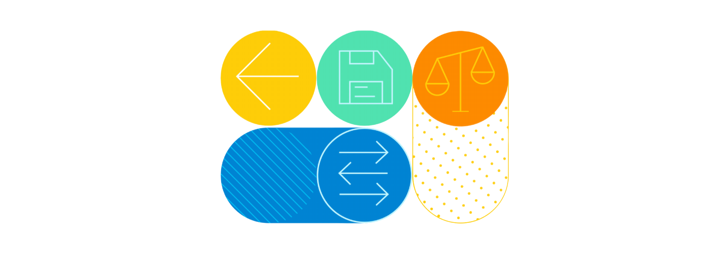 Yellow, green, orange and blue patterns and symbols against a white background. 